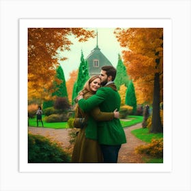 Autumn Couple Hugging In The Park Art Print