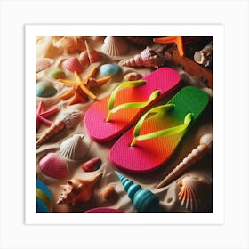 Colorful Flip Flops On The Beach Art Print