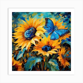 Sunflowers And Blue Butterfly Art Print