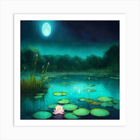 Lily Pond At Night Art Print