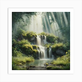 A Tranquil Retreat Watercolor Painting Of A Forest Waterfall (3) Art Print