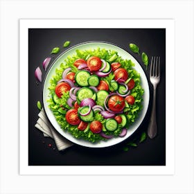 A Delicious and Healthy Salad with Fresh Tomatoes, Cucumbers, Red Onions, and Lettuce, Drizzled with a Light Vinaigrette Dressing, Served on a White Plate with a Fork on the Side Art Print