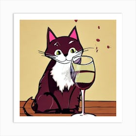 Wine For One Cat Drinking Wine Art Print Cat With A Glass Of Wine Art Print