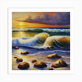 The sea. Beach waves. Beach sand and rocks. Sunset over the sea. Oil on canvas artwork.10 Art Print