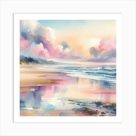 Tranquil Escape: A Watercolor Wash of Pastel Sky over Beach Art Print