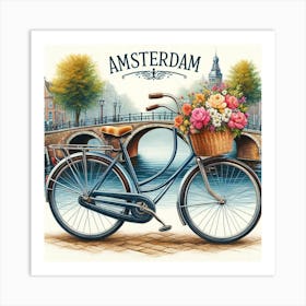 Bicycle On Canal Amsterdam Wall Print Art A Nostalgic And Charming Scene Capturing The Essence Of Amsterdam, Perfect For Adding A Touch Of Dutch Elegance To Any Space Art Print