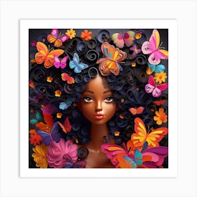 Afro Girl With Flowers And Butterflies Art Print