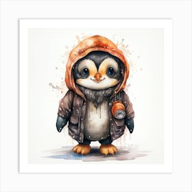 Watercolour Cartoon Penguin In A Hoodie 2 Art Print