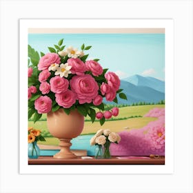 Pink Roses In Vase Art Print