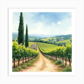 Sophisticated Watercolor Of An Italian Artist Painting A Scenic Vineyard Art Print