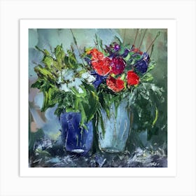 Flowers In Blue Vases Art Print