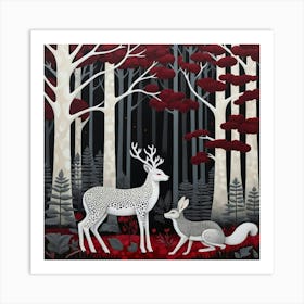 Deer And Fox In The Forest 1 Art Print