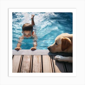 Boy And Dog In The Pool Art Print