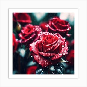 Raindrops on Red Hybrid tea Roses Art Print