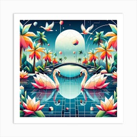 Geometric Art Tropical lake and swans Art Print