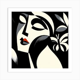 Elegant Abstract Portrait with Red Lips and Butterfly Art Print