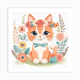 Floral Baby Cat Nursery Illustration (5) Art Print