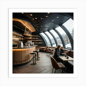 Futuristic Coffee Shop Decked In Nordic Style Within A Spaceship Gallery Showcasing A Panoramic View Art Print