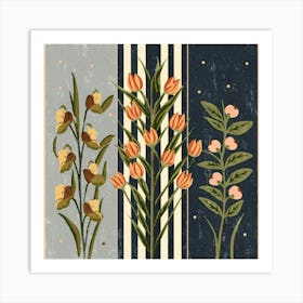 Three equal parts, each part containing a type of flowers 4 Art Print