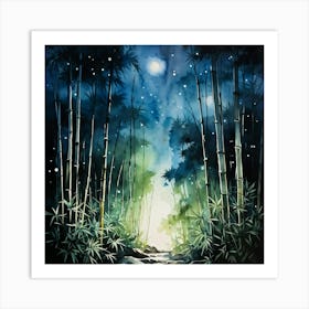 Bamboo Forest Bathed In Moonlight Starlit Sky Casting Ethereal Glow On Towering Stalks High Contra Art Print