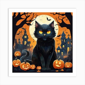 Black Cat With Pumpkins Art Print