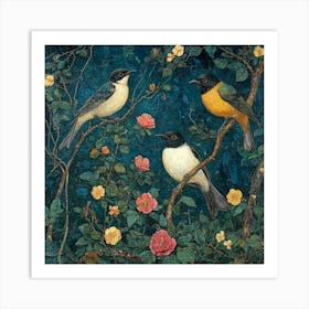 Three Birds In A Garden Art Art Print