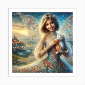 Girl fairy with her cat  Art Print