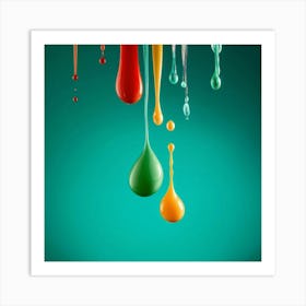 Multicolored Drops In Mid Air Captured In High Definition And Floating Against A Turquoise Backdrop Art Print