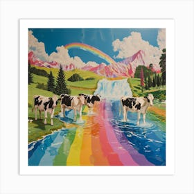 Rainbow Retro Collage Of Cows In The River Art Print