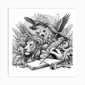 Lion And Bird Drawing Art Print