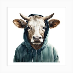 Watercolour Cartoon Zebu In A Hoodie 3 Art Print