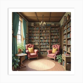 A Quaint English Village Library With Cozy Reading Corners, Watercolor Style 1 Art Print