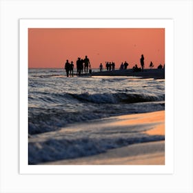 Sunset People beach waves sea square photo photography Art Print