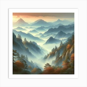 "A serene and misty mountain landscape."Wall poster2 Art Print