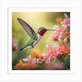 Ruby Throated Hummingbird Purposefully Extracting Nectar From An Array Of Spectral Flowers Settled 376854741 Art Print