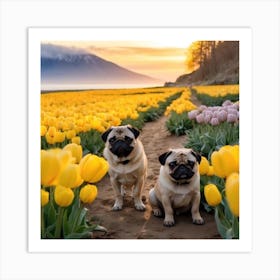 Two Pugs In Yellow Tulips 1 Art Print