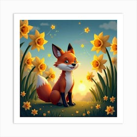 A Playful Fox Surrounded By Giant Daffodils And Dancing Fireflies Under A Twilight Sky Art Print