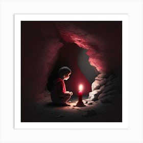 Child In Cave With Candle Art Print