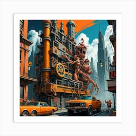 Steampunk Streetscape Cubism Style Art Print