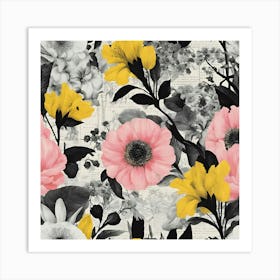 Flowers In Black, Pink And Yellow Art Print