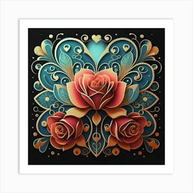 Abstract art of exotic flowers with vibrant abstract hearts in their designs, hearts, 15 Art Print