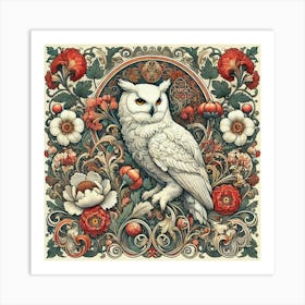 william morris white owl with flowers Art Print