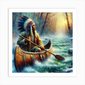 Oil Texture Native American Indian Canoeing Art Print