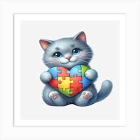 Autism Puzzle Piece Cat (Russian Blue) Art Print