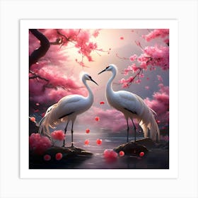 Two Cranes In Cherry Blossoms Art Print