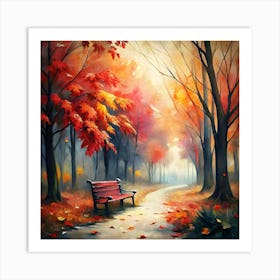 Tranquil Autumn Path with Red Bench - Beautiful Watercolor Art for Seasonal Wall Decor Art Print