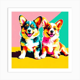 'Corgi Pups', This Contemporary art brings POP Art and Flat Vector Art Together, Colorful Art, Animal Art, Home Decor, Kids Room Decor, Puppy Bank - 79th Art Print