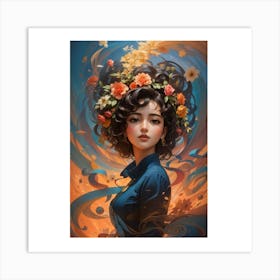 (2)The image depicts a woman with dark hair and a flower wreath on her head. She is wearing a blue shirt and has a thoughtful expression on her face. The background features a swirling pattern of orange and blue colors. Art Print