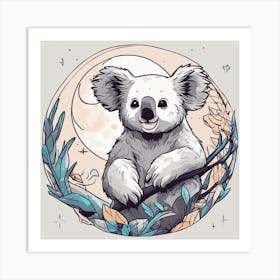 Sticker Art Design, Koala Howling To A Full Moon, Kawaii Illustration, White Background, Flat Colors 1 Art Print