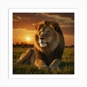 A Majestic Lion Lounging On A Grassy Savanna At Sunset, Surrounded By The Golden Hues Of The Setting Sun And The Vast Expanse Of The African Plains 3 Art Print